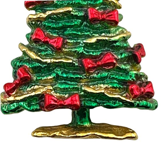 Green Christmas Tree Brooch Red Bows Angel Topped Rhinestone Star - Picture 3 of 6